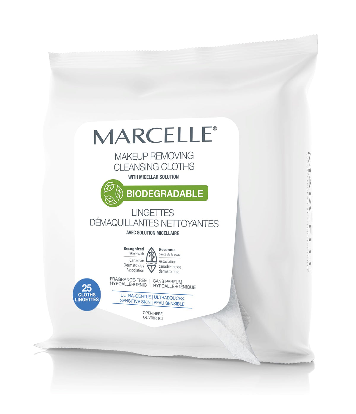 Marcelle Biodegradable and Recyclable Ultra-Gentle Makeup Cleansing Cloths, Sensitive Skin, Hypoallergenic, Fragrance-Free, Cruelty-Free, Paraben-Free, Oil-Free, Non-Comedogenic, Vegan, 25 Cloths