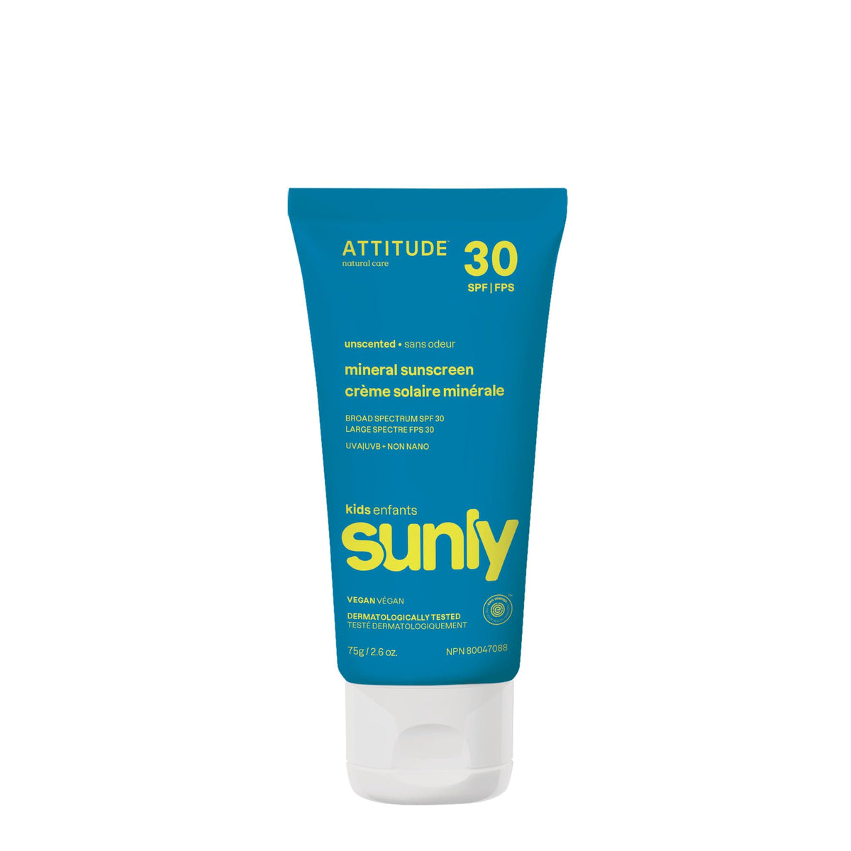 ATTITUDE Mineral Sunscreen for Kids, SPF 30, EWG Verified, Broad Spectrum UVA/UVB Protection with Zinc Oxide, Dermatologically Tested, Vegan, Unscented, 75 grams