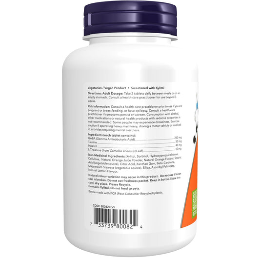 NOW Supplements, GABA (Gamma-Aminobutyric Acid), Neurotransmitter Support, Orange Flavour, 90 Chewables