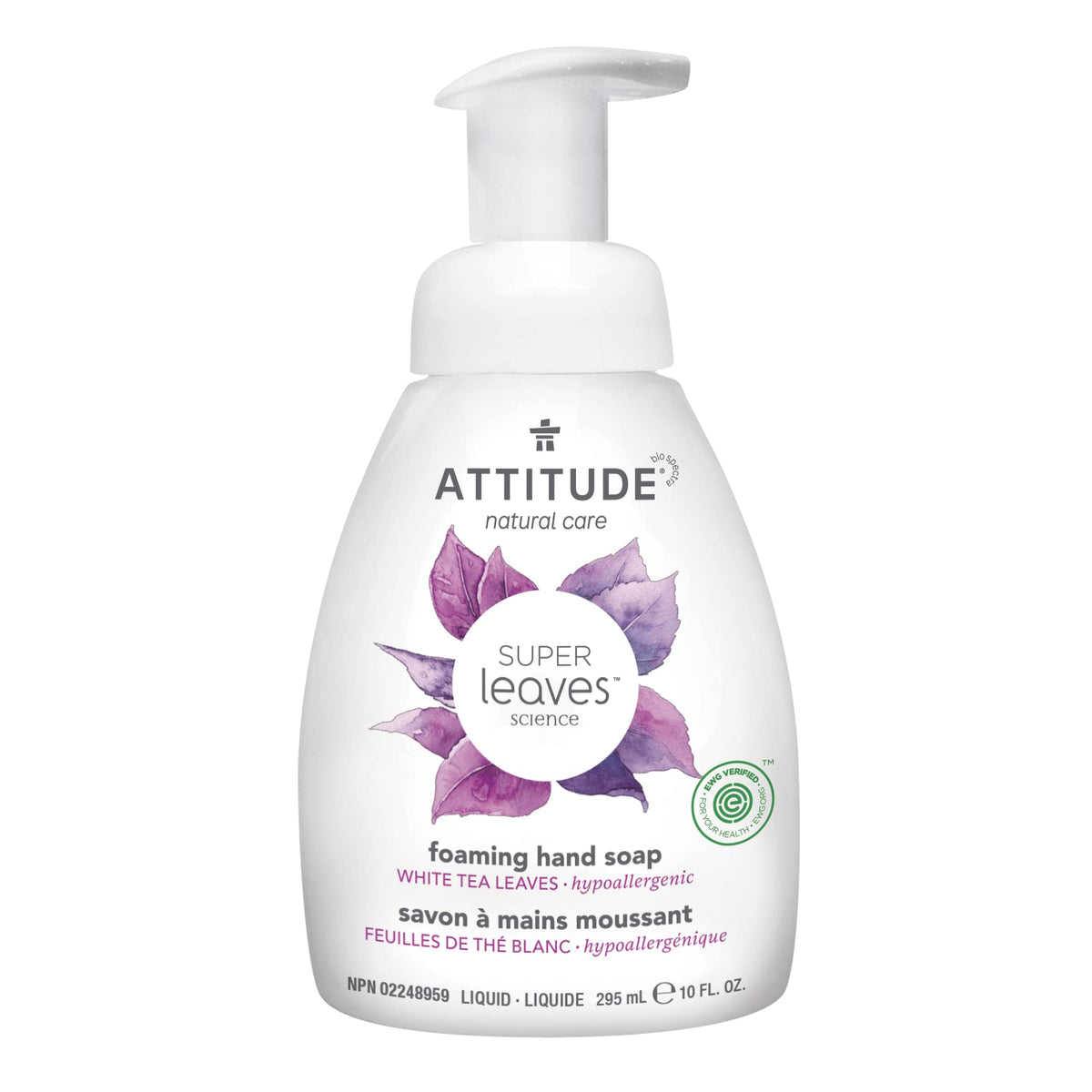 ATTITUDE Foaming Hand Soap, EWG Verified, Dermatologically Tested, Plant and Mineral-Based, Vegan, White Tea Leaves, 295 mL