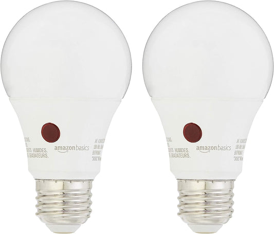 Amazon Basics 60W Equivalent, Soft White, Dusk to Dawn Sensor, Non-Dimmable, A19 LED Light Bulb | 2-Pack