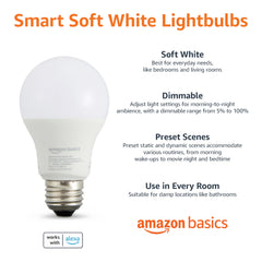 Amazon Basics Smart A19 Dimmable LED Light Bulb, Soft White, 2.4GHz WiFi, 9W (60W Equivalent), Works with Alexa Only, 4pk