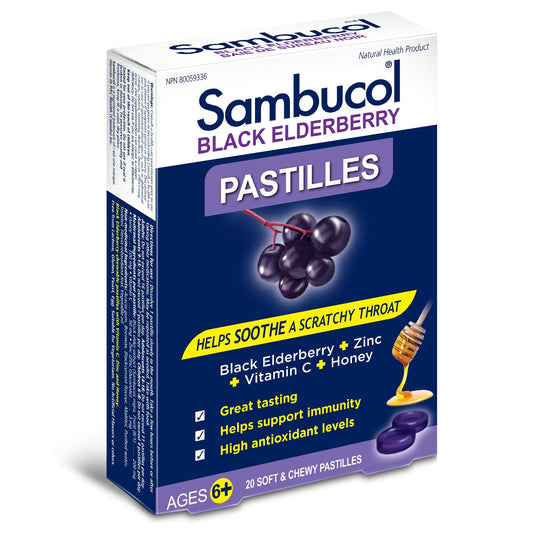 Sambucol Black Elderberry Pastilles | Quickly Soothes Sore, Dry & Scratchy Throat Symptoms | Immune Support & Antioxidant | Ideal for Ages 6+ | Gluten & Nut Free | 20 Soft & Chewy Pastilles, blue