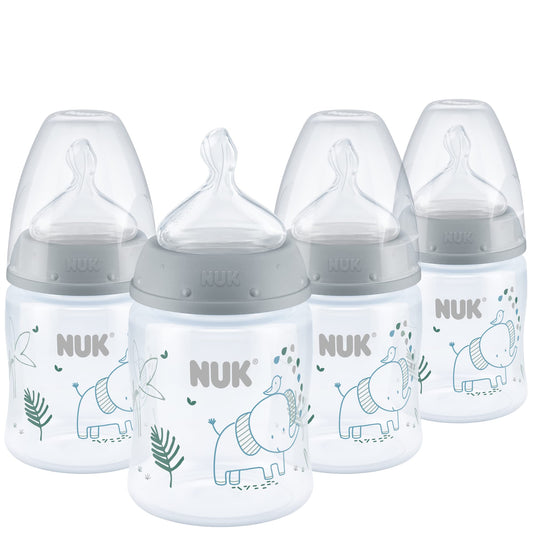 NUK Smooth Flow Anti-Colic Baby Bottle, 5 oz (150 mL), Grey Elephant, 4 Pack