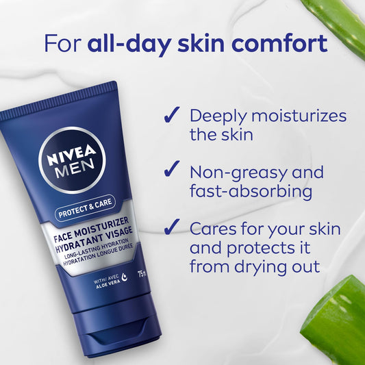 NIVEA MEN Protect & Care Face Moisturizer for Dry Skin, Men's Face Lotion with Aloe Vera, Non-Greasy, Fast-Absorbing Men's Moisturizer for Face, 24H Hydration, Dermatologically-Tested Skin Care, 75mL