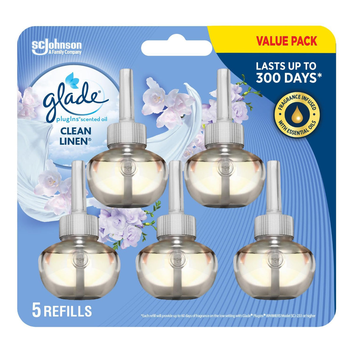 Glade PlugIns Air Freshener Refill, Scented and Essential Oils for Bathroom and Home Fragrance, Clean Linen, 5 Count