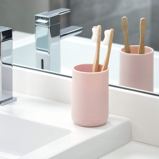 iDesign Cade Toothbrush Holder, Holds Normal Toothbrushes, Spin Brushes, and Toothpaste - Matte Blush 3" x 3" x 4. 5"