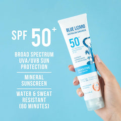 BLUE LIZARD Sensitive Mineral Sunscreen with Zinc Oxide 50+ Water Resistant UVAUVB Protection with Smart Cap Technology Fragrance Free , Sensitve, SPF 50 - - Tube, Unscented, 5 Fl Oz