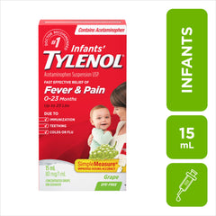 Tylenol Infants' Drops for Fast Fever and Pain Relief, White Grape Flavour, Dye Free, 15 mL Acetaminophen for Teething Pain, Immunization Pain