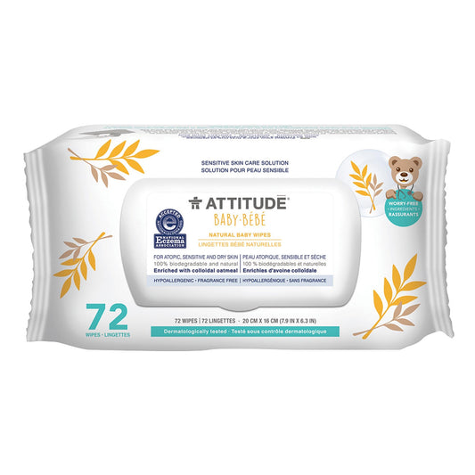 ATTITUDE Baby Wipes, Enriched with Oatmeal, Diaper Wipes for Babies and Newborn, Sensitive and Dry Skin, Dermatologically Tested, Vegan, Unscented, 72 Count