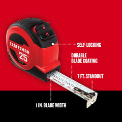 CRAFTSMAN Tape Measure with Fractions, 25-Foot, Self-Locking, Imperial Measurement (CMHT37225S)