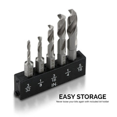 NEIKO 11402A Stubby Drill Bit Set for Metal, 5 Piece 1/4" Quick Change Hex Shank, M2 High Speed Steel for Quick Change, Chucks and Drives Drill Bit Holder Included, Hex Shank Drill Bit Set