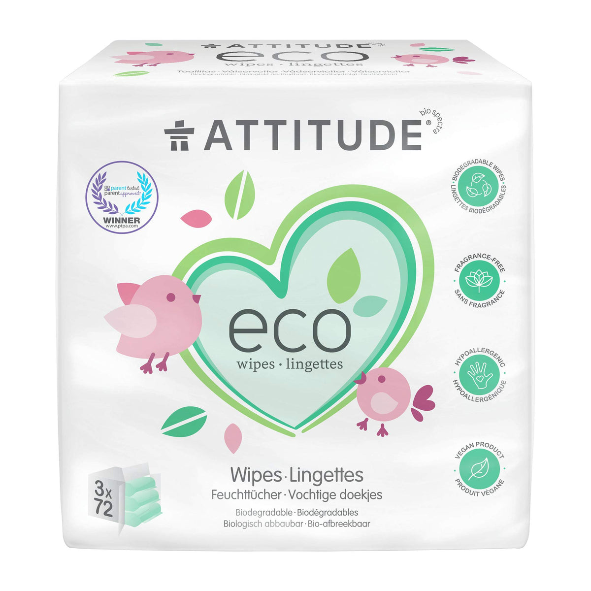 ATTITUDE Biodegradable Baby Wipes, Plant Based Unscented Diaper Wipes for Babies and Newborn, Dermatologically Tested, Vegan, 72 Count (Pack of 3)