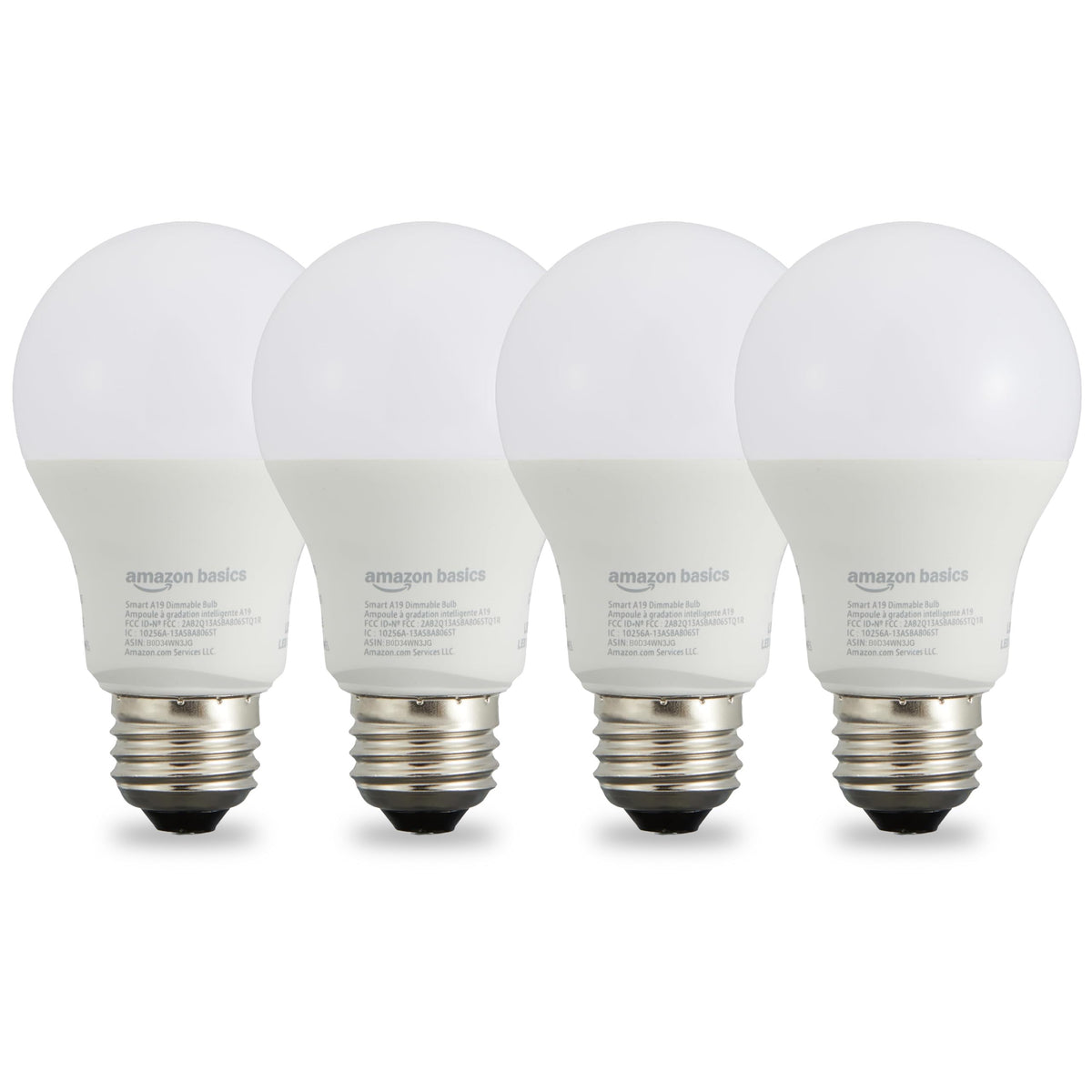 Amazon Basics Smart A19 Dimmable LED Light Bulb, Soft White, 2.4GHz WiFi, 9W (60W Equivalent), Works with Alexa Only, 4pk