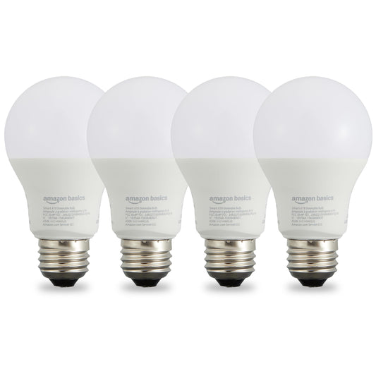 Amazon Basics Smart A19 Dimmable LED Light Bulb, Soft White, 2.4GHz WiFi, 9W (60W Equivalent), Works with Alexa Only, 4pk