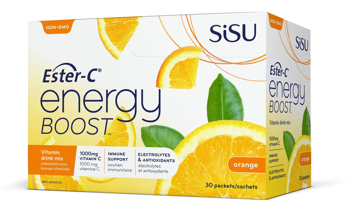 Sisu Energy Boost with Ester-C, Orange, 24-hour Immune Support, Vitamin C Drink Mix with Energizing B Vitamins & Electrolytes, 30 Individual Packets, Vegan, Non-GMO, Gluten, Dairy Free