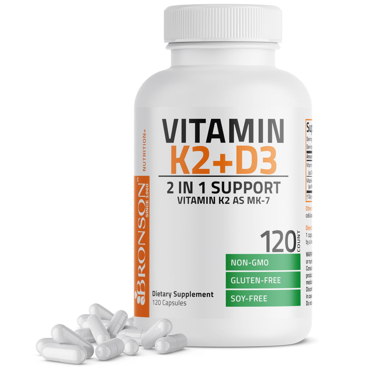 Bronson Vitamin K2 (MK7) with D3 Supplement Non-GMO Formula 5000 IU Vitamin D3 & 90 mcg K2 MK-7 Easy to Swallow D & K Complex, 120 Capsules