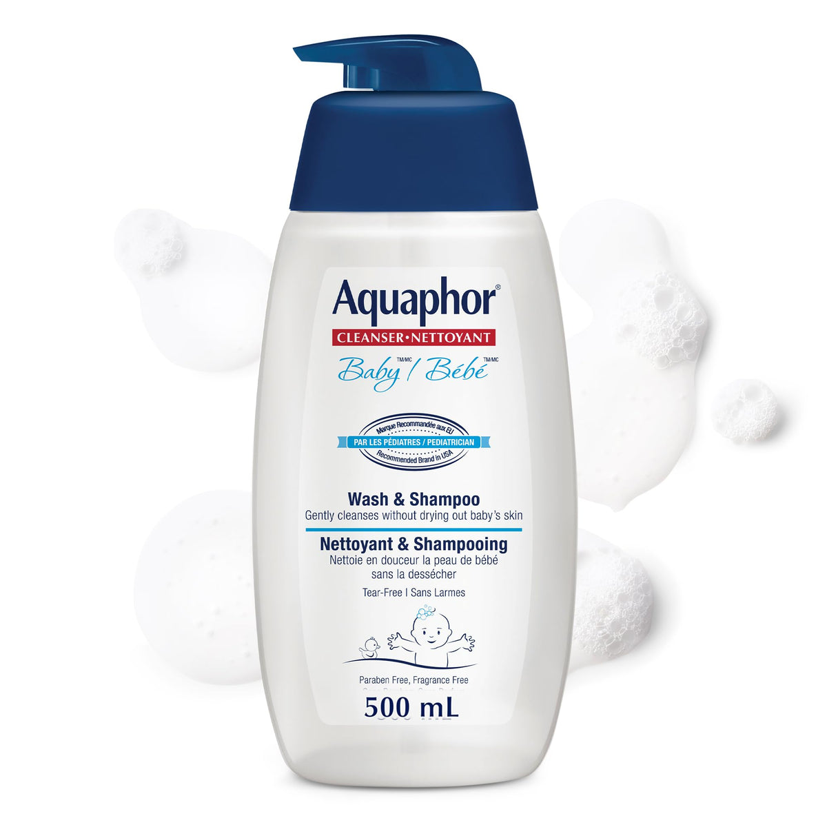 Aquaphor Baby Wash & Shampoo for Baby's Sensitive Skin, Hypoallergenic, Tear Free Baby Shampoo and Body Wash, Enriched with Provitamin B5, Fragrance Free, Recommended by U.S. Pediatricians, 500mL