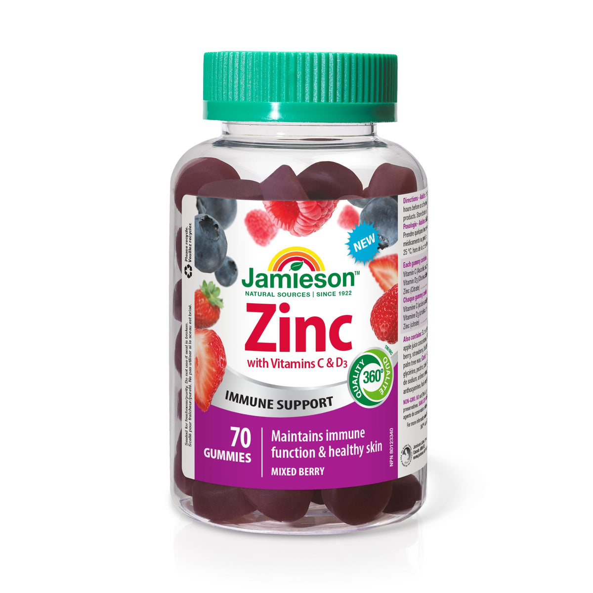 Jamieson Zinc Gummies Mixed Berry Flavour 70 Count, Maintains Immune Function & Healthy Skin