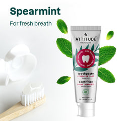 ATTITUDE Toothpaste with Fluoride, Prevents Tooth Decay and Cavities, Vegan, Cruelty-Free and Sugar-Free, Complete Care, Spearmint, 120 grams