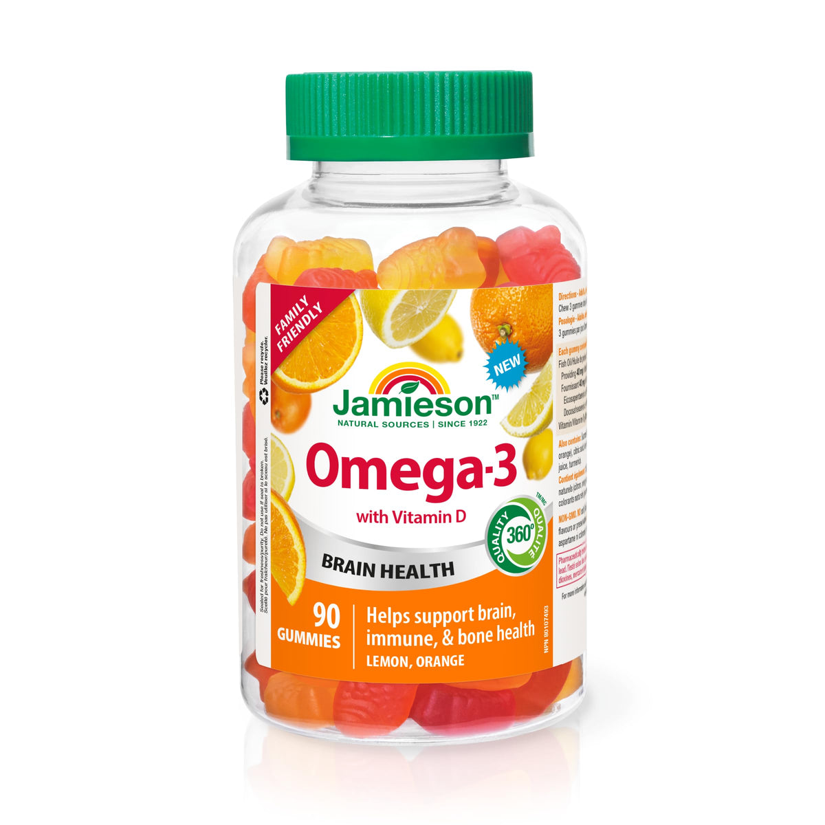 Jamieson Omega-3 Gummies with Vitamin D3, Orange and Lemon Flavours, Family Friendly (3+). Supports Brain Health and Immune Health, Gluten-Free, Non-GMO, No Artificial Colours, Flavours, or Preservatives 90 Count
