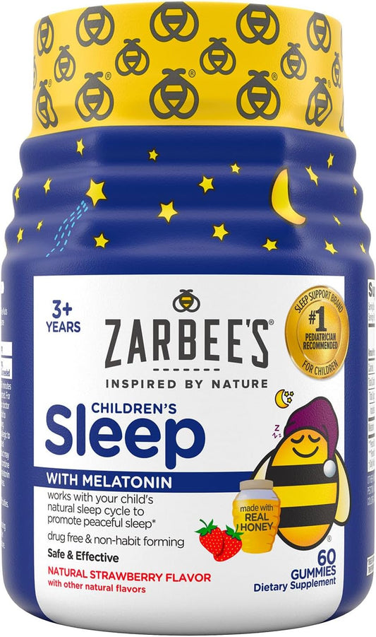 Zarbee's Children's Sleep Gummies with Melatonin, Non-Habit Forming Children's Sleep Gummies Work with Natural Sleep Cycles to Promote Peaceful Sleep, Drug-Free, Natural Strawberry, 60 ct