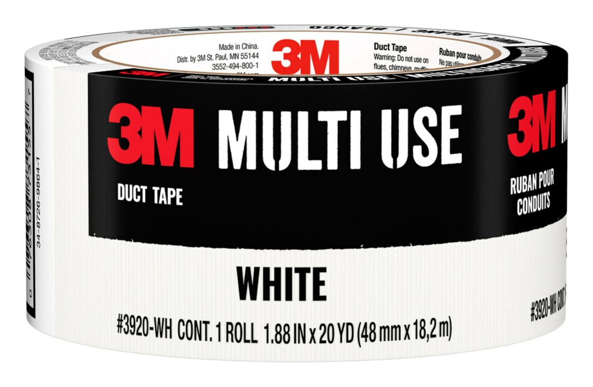 3M Multi-Use Colored Duct Tape, White with Strong Adhesive and Water-Resistant Backing, Multi-Surface 3M Duct Tape for Indoor and Outdoor Use, 1.88 Inches x 20 Yards, 1 Roll (3920-WH)