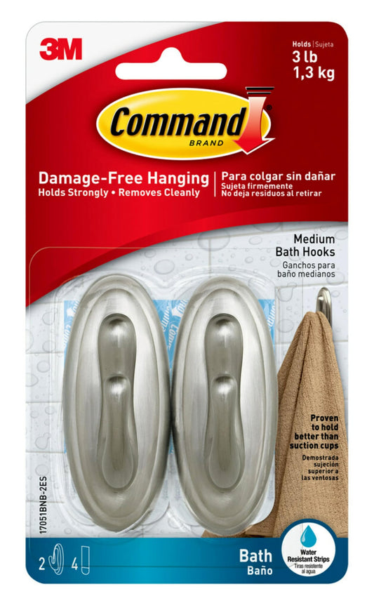 Command Traditional Plastic Bath Hooks Value Pack, Medium, Brushed Nickel, 2-Hooks (17051BNB-2ES)