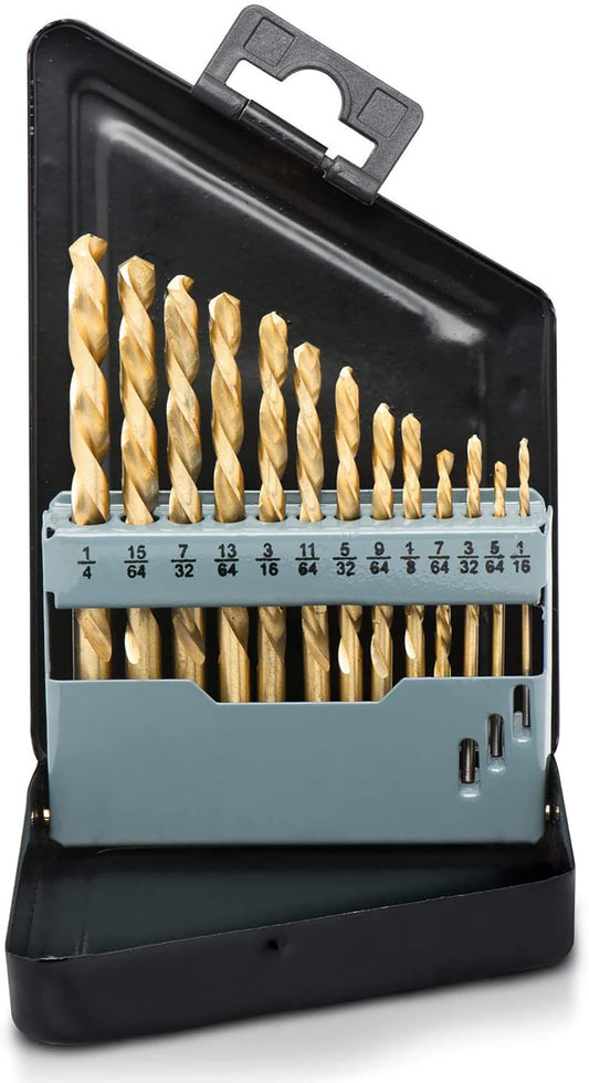 NEIKO 10038A Left-Hand Drill-Bit Set, High-Speed Steel Drills with Titanium Nitride Coating, Reverse-Twist Drill Bits, SAE Sizes, 13-Piece Set