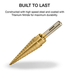 NEIKO 10182A Titanium Step Drill Bit, High-Speed Alloy-Steel Bit, Hole Expander for Wood and Metal, 13 Step Sizes from 1/8 Inch to 1/2 Inch