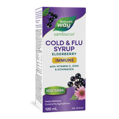 Nature's Way Sambucus Cold and Flu Care Immune with Vitamin C and Zinc – Elderberry Syrup with Echinacea and Propolis – Used in Herbal Medicine for Symptom Relief for Kids 2+ and Adults, 120 ml