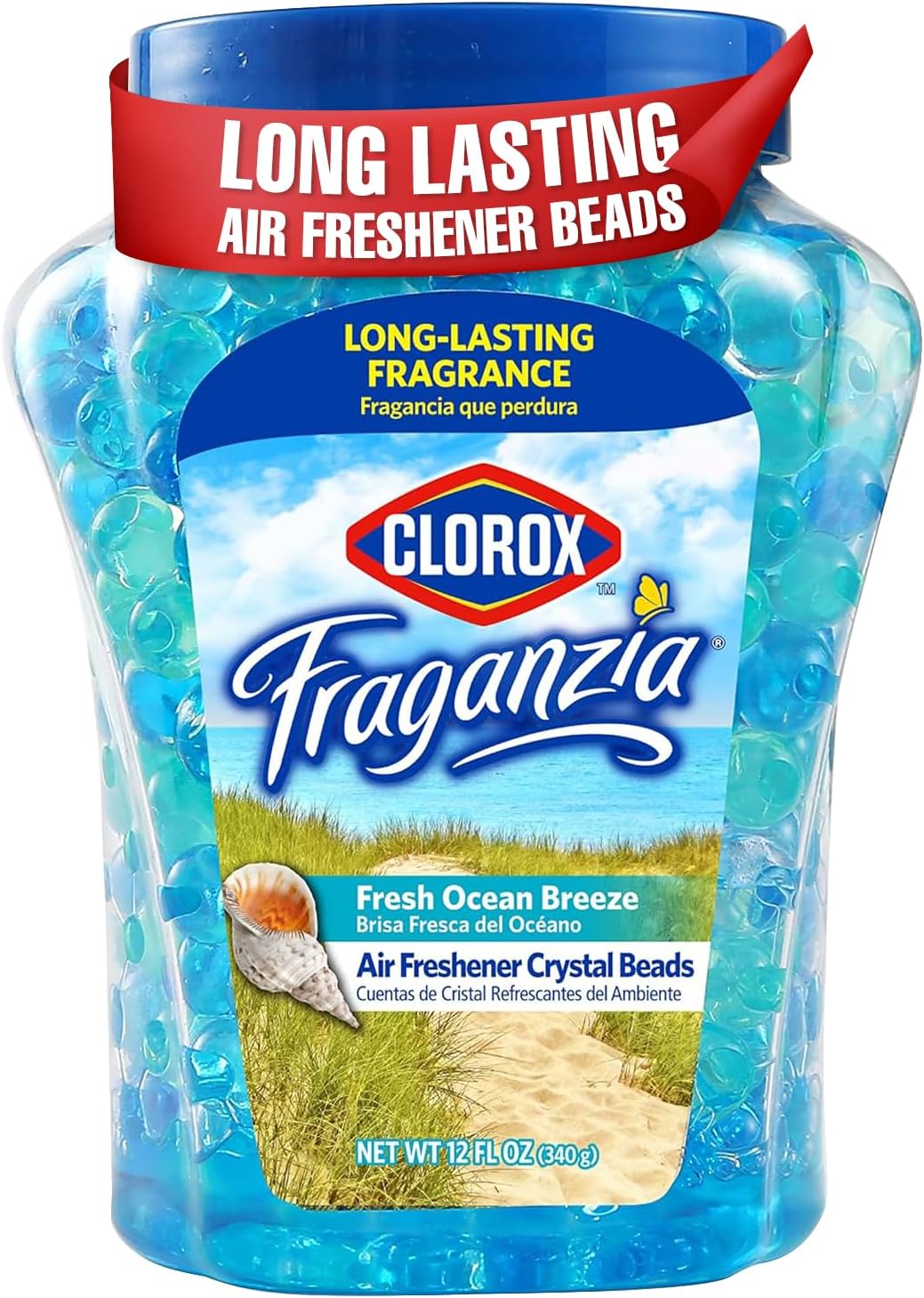 Clorox Fraganzia Air Freshener Crystal Beads Fresh Ocean Breeze 12oz | Long-Lasting Air Freshener Beads 12 Ounces | Easy to Use Vented Jar Air Scent Beads for Homes, Bathrooms, Closets, Car or Office