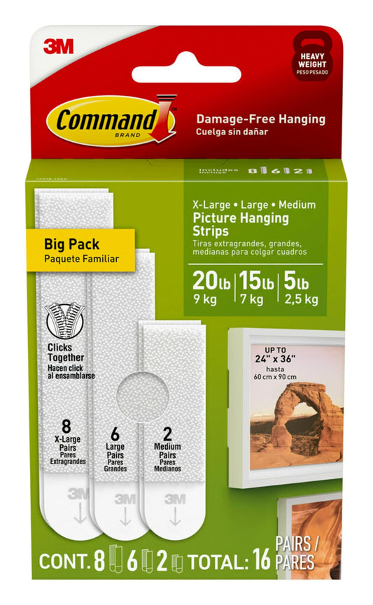 Command Picture Hanging Strips Variety Pack, Damage Free Hanging Picture Hangers, No Tools Wall Hanging Strips for Living Spaces, White, 2 Medium Pairs, 6 Large Pairs and 8 Extra Large Pairs