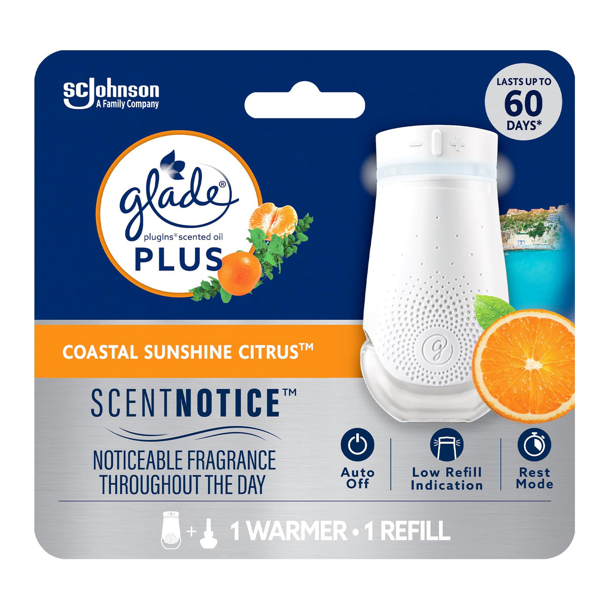 Glade PlugIns Plus Scented Oil Starter Kit, Coastal Sunshine Citrus, Scented and Essential Oils for Home and Bathroom, 1 Warmer 1 Refill