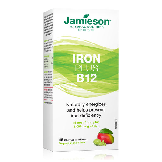 Jamieson Iron plus Vitamin B12 Chewable - 18 mg Iron with 1,000 mcg Vitamin B12, Tropical Mango Lime Flavour (Packaging May Vary)