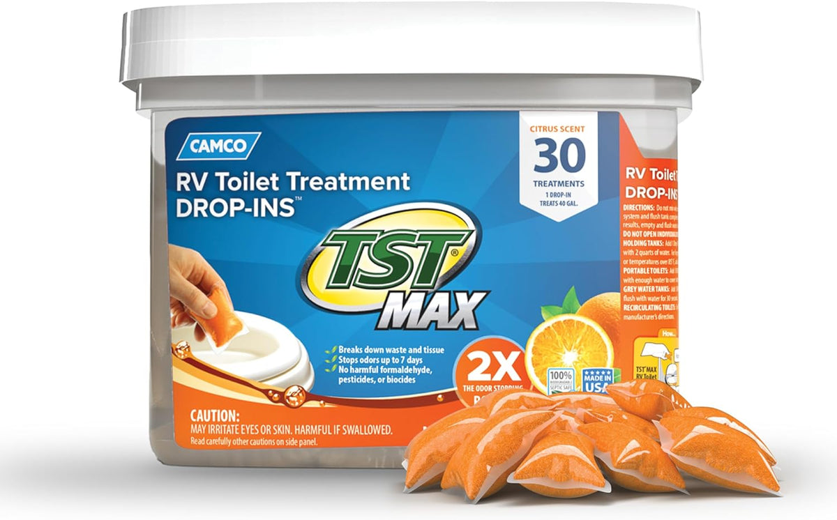 Camco TST MAX Camper / RV Toilet Treatment Drop-INs - Control Unwanted Odors & Break Down Waste and Tissue - Safe Septic Tank Treatment - Orange Scent, 30-Pack (41183)