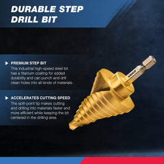 NEIKO 10174A Quick Change Spiral Grooved Step Drill Bit | 10 Step Drill Bit Sizes in One - 1/4" to 1-3/8" | High-Speed Steel and Titanium Nitride Coating | Two-Flute Design