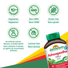 Jamieson Ashwagandha 6,000 mg, Increases Resistance to Stress, Adaptogen, and Enhances Memory. 60 Capsules