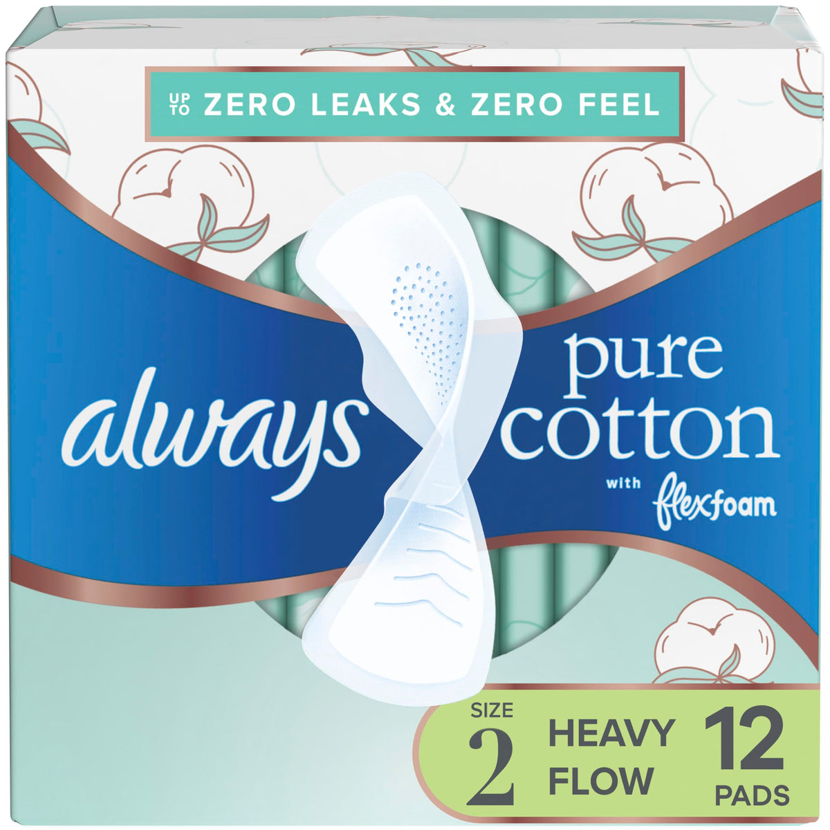 Always Pure Cotton Pads with FlexFoam, Size 2, Heavy Absorbency, with Wings, Made with a Premium Cotton Top Layer, Made without Fragrance, 12 CT