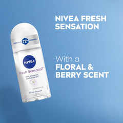 NIVEA Fresh Sensation Roll-On Antiperspirant Deodorant with 72-Hr Odour and Sweat Protection, Eliminates Bacteria, Clean and Fresh Scented Women's Deodorant, Non-Sticky, Ethyl Alcohol Free, 50mL