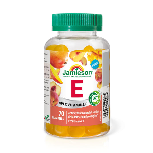 Jamieson Vitamin E Gummies Peach Mango Flavour 70 Count, Natural Antioxidant & Collagen Formation Support