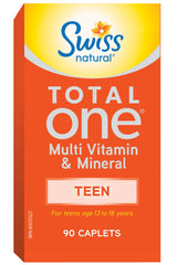 Swiss Natural Total One Teen Multi Vitamin & Mineral | Calcium, Biotin & Vitamin B12 | Daily Maintenance for Overall Health | No Preservatives and Dairy | 90 Caplets