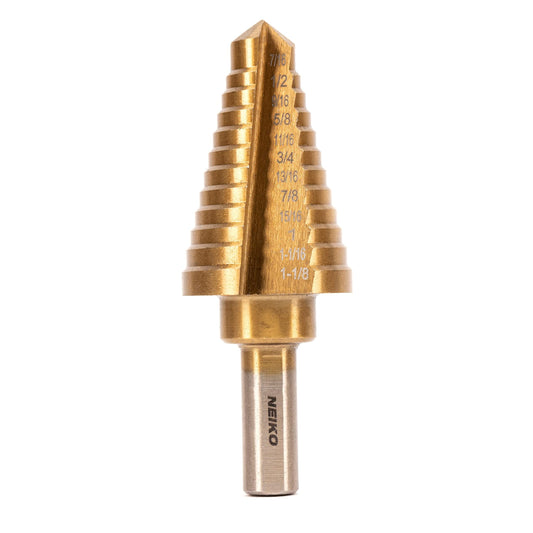 NEIKO 10189A Titanium Step Drill Bit, High-Speed Alloy Steel Bit, Hole Expander for Wood and Metal, 12 Step Sizes from 7/16 Inches to 1 1/8 Inches