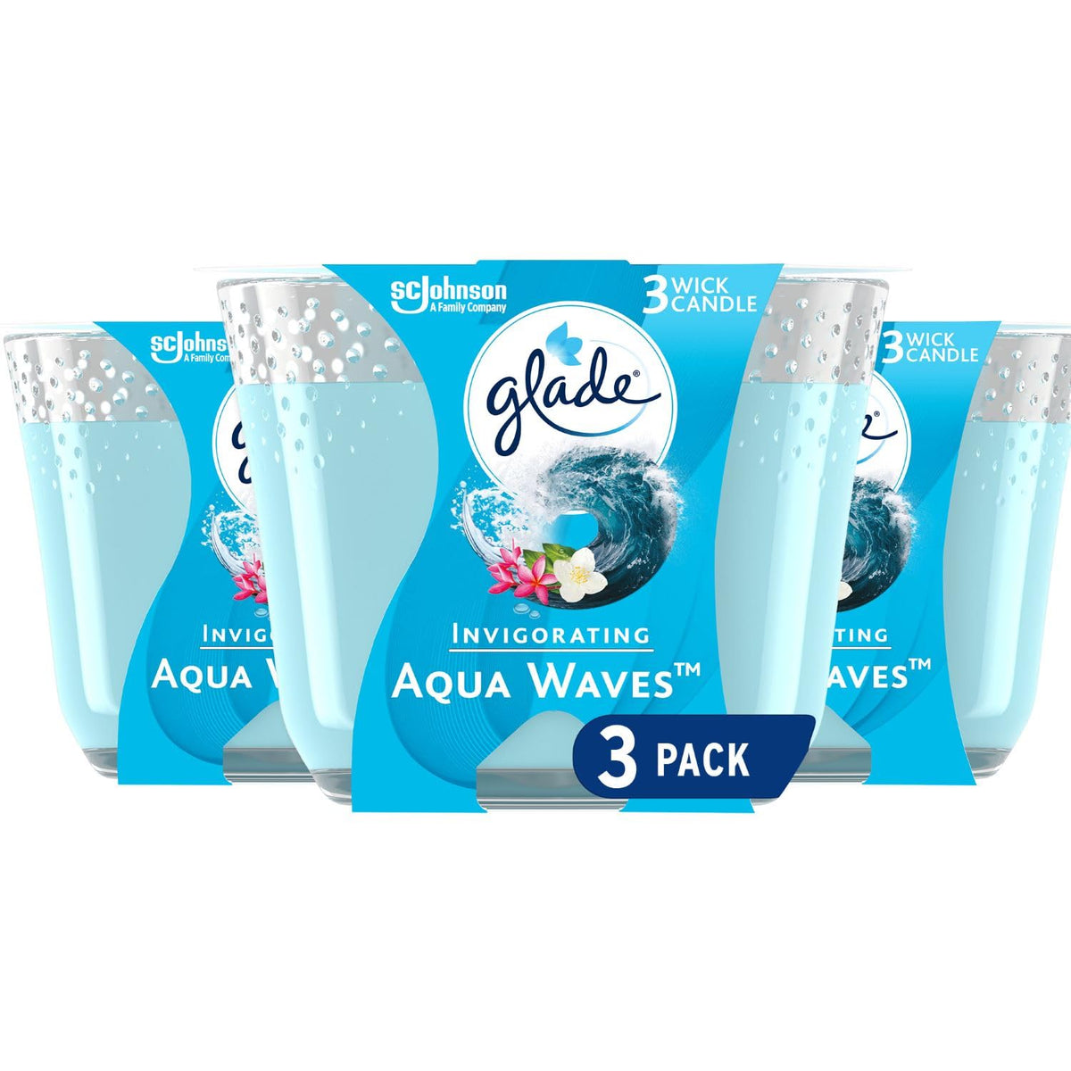 Glade Scented Candle, Aqua Waves, 3-Wick Candle, Air Freshener Infused with Essential Oils for Home Fragrance, 3 Count