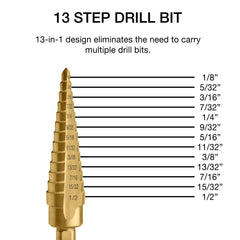 NEIKO 10182A Titanium Step Drill Bit, High-Speed Alloy-Steel Bit, Hole Expander for Wood and Metal, 13 Step Sizes from 1/8 Inch to 1/2 Inch