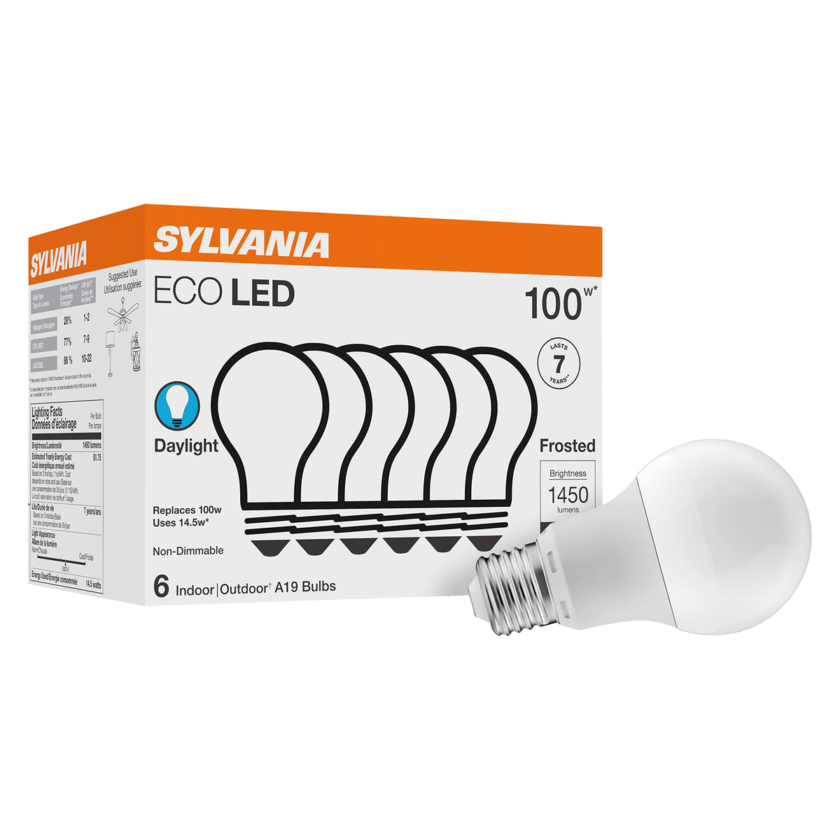 Sylvania ECO LED Light Bulb, A19, 100W Equivalent, Efficient 14.5W, 7 Year, 1450 Lumens, Frosted, 5000K, Daylight - 6 Pack (40884)