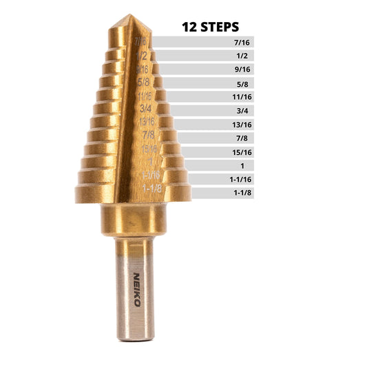 NEIKO 10189A Titanium Step Drill Bit, High-Speed Alloy Steel Bit, Hole Expander for Wood and Metal, 12 Step Sizes from 7/16 Inches to 1 1/8 Inches