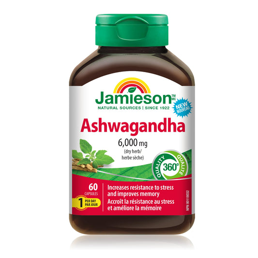 Jamieson Ashwagandha 6,000 mg, Increases Resistance to Stress, Adaptogen, and Enhances Memory. 60 Capsules