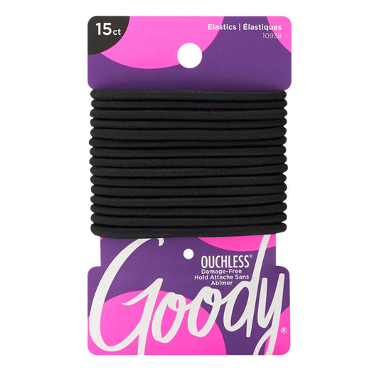 Goody Ouchless Elastic Hair Ties - 15 Ct, Black, 4MM Rubber Bands for Hair, Pain-Free Hair Accessories for Women & Men, Made for Long-Lasting Braids, Ponytails & More, All Hair Types