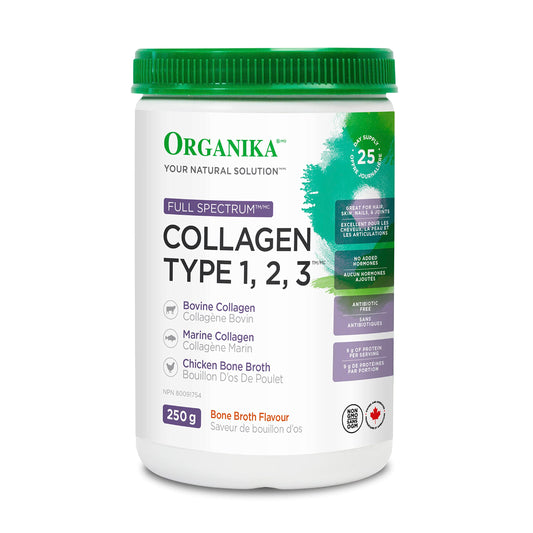 Organika Canadian-Made Full Spectrum Collagen Type 1, 2, 3- Bovine, Marine, and Chicken Collagen Combination- Joint Support, Gut Health Support- Mild Bone Broth Flavour, 250g